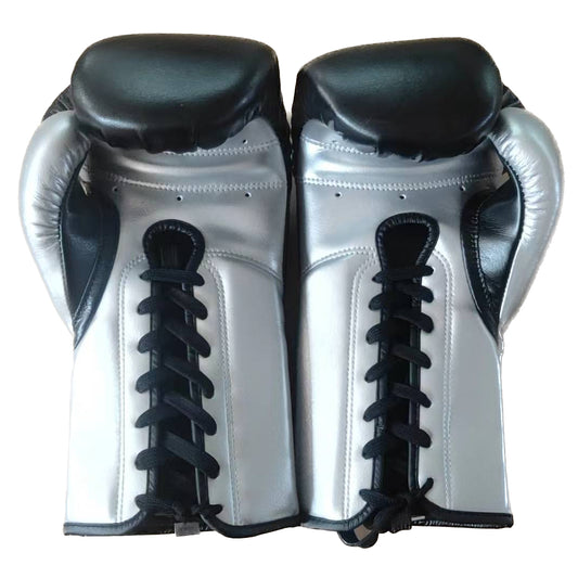 14oz Lace up Leather Boxing Gloves - Black+Silver